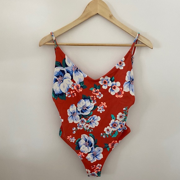 aerie Other - Aerie Orange Floral Cutout One Piece Bathing Suit
